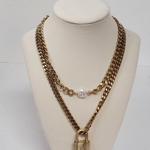 Auth Louis Vuitton Lock&Key Gold w/Unbranded Cuban Style Stainless Double Chain - Picture 5 of 14